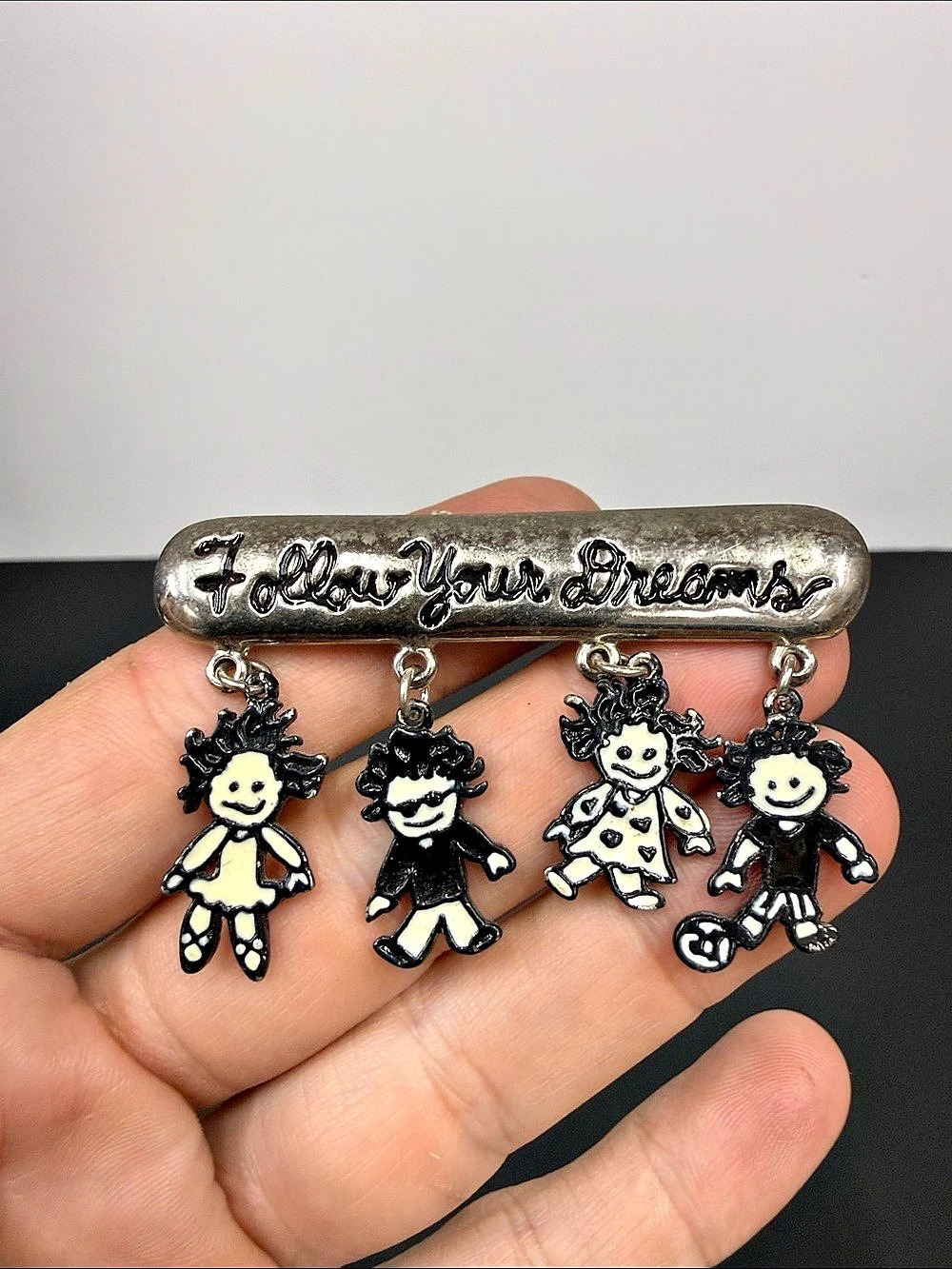 Vintage Follow Your Dreams Enamel Dangle Brooch Dance Soccer Kids Silver Tone #4
